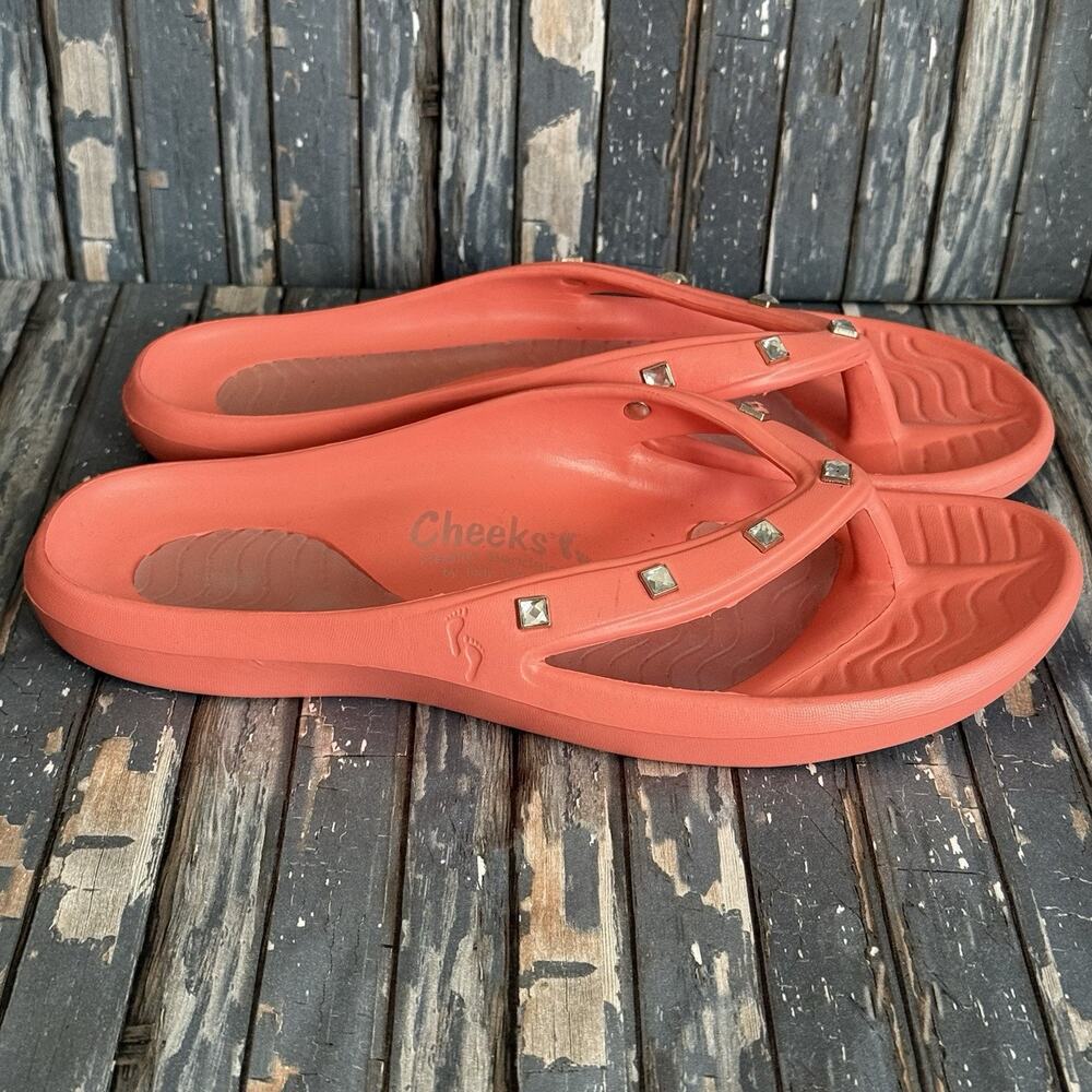 Tony Little Cheeks Orange Rhinestone Health Sandals Flip Flops size 8